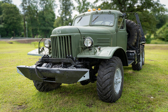 Zaube, Latvia &ndash; August 2, 2026: Restored Soviet-era ZIL off-road truck displayed at an outdoor machinery event.