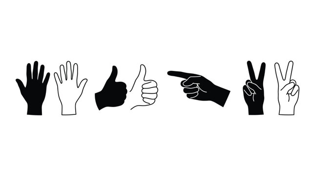 Variety Of Hand Gestures In Black And White Silhouette