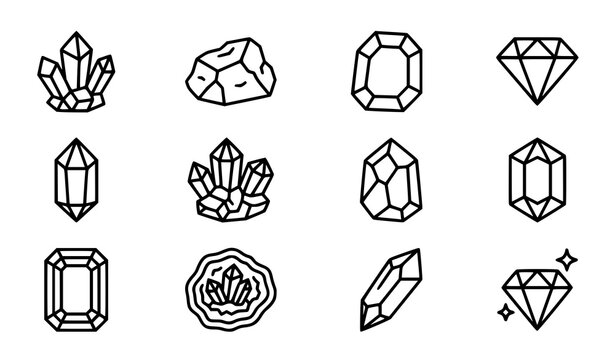 Gem And Crystal Icon Collection Featuring Quartz Cluster Rough Stone Diamond Emerald Cut And Sparkling Jewel Vector Illustration