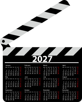 2027 calendar with movie clapperboard on white background