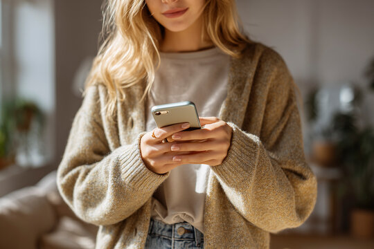 Woman in a beige sweater reading a message on her smartphone at home