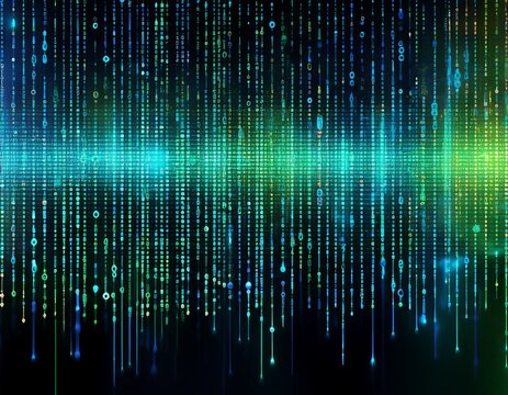high detail digital tapestry of bright green and blue binary code lines on black background abstract art for technology data visualization and digital communication applications