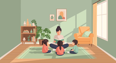 A woman reads a book to three young children sitting in a cozy sunlit living room
