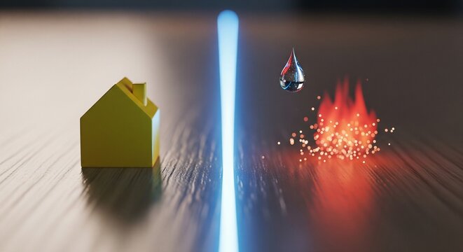 House divided by light beam separating water drop and fire line element