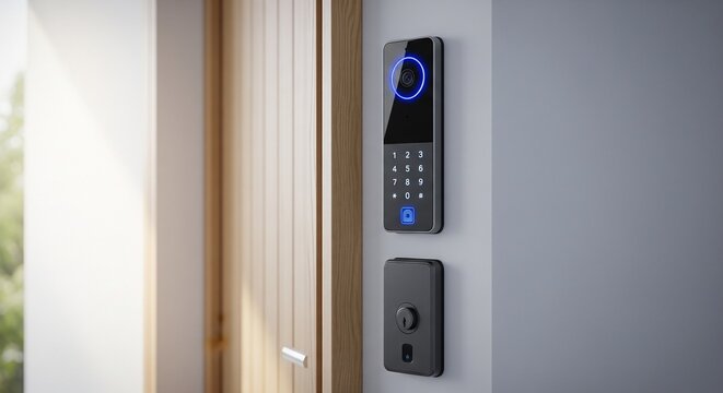 Smart digital door lock with illuminated keypad and camera installed near doorway.
