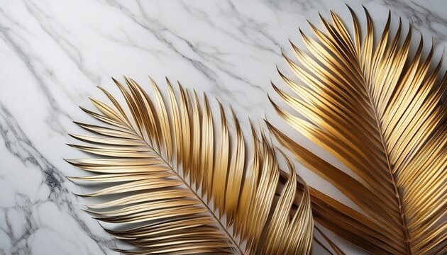 elegant golden palm fronds on marble textured background