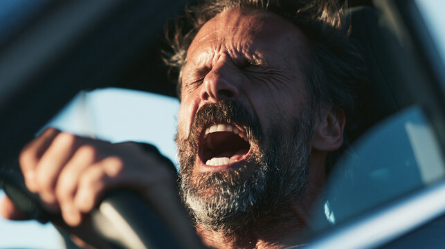 A driver caught mid-song, eyes closed in fake passion, singing loudly to an imaginary concert while gripping the steering wheel.