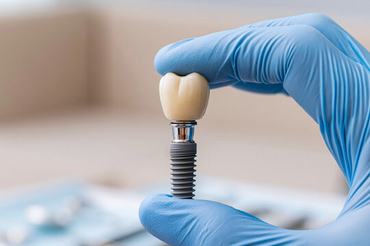 A detailed view of a dental implant model held between the thumb and forefinger of a hand wearing a blue sterile glove.