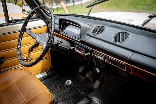 Zaube, Latvia &ndash; August 2, 2026: Interior of a vintage Soviet-era Lada sedan displayed at a classic vehicle event.