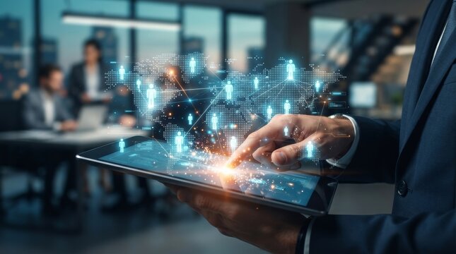 A digital human network and global workforce distribution visualized through connection and team coordination.