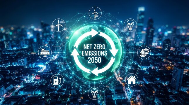 Net zero emissions 2050 target represented by eco-friendly icons over a modern smart city skyline.