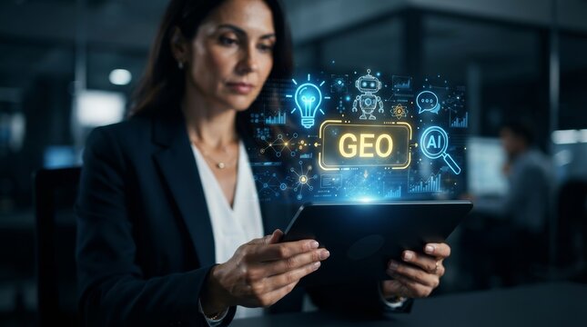 A visual representation of Generative Engine Optimization and GEO targeting using futuristic digital elements.