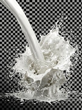 Realistic White Milk Pouring and Splashing Isolated on Transparent Background.