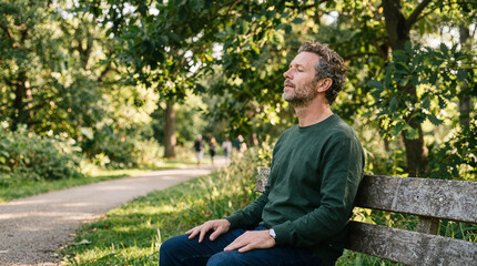 Obraz premium Man Meditating on a Park Bench Enjoying Nature and Serenity