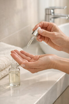 View of hands applying clear facial serum from glass dropper