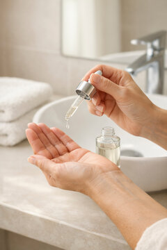 View of hands dispensing facial serum from dropper for skincare