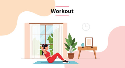 Fototapeta premium A woman practices abdominal exercises indoors near a window with a minimalist modern aesthetic