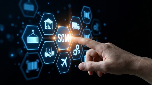 A digital interface showing various logistics symbols and supply chain management SCM pictograms.