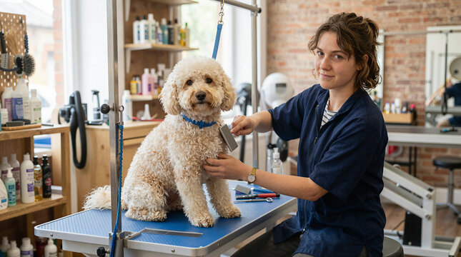Professional groomer brushing a fluffy poodle dog on a grooming table in a salon