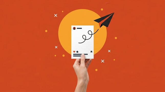 Conceptual image of a hand holding a document and a paper airplane on an orange backdrop.