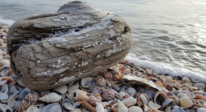 Weathered Driftwood Log on Pebble Beach Shore