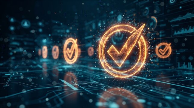 Glowing checkmarks and icons on a digital interface represent validation, approval, and system success.