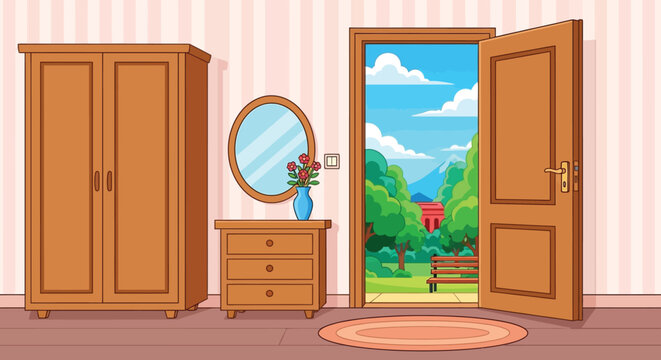 A cartoon illustration depicts an open doorway revealing a bright idyllic outdoor scene