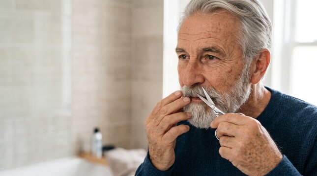 Senior man trimming mustache with scissors in bathroom for personal grooming and self care routine