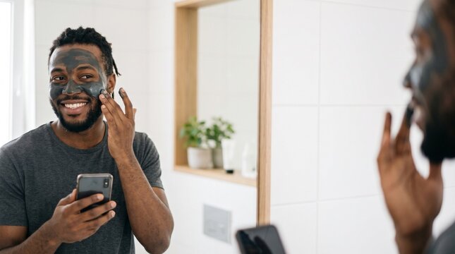 Happy African American man applying charcoal face mask while using smartphone in bathroom for male grooming and self care