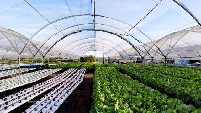 Rows of Green Lettuce Growing in Hydroponic Greenhouse Vegetable Farm