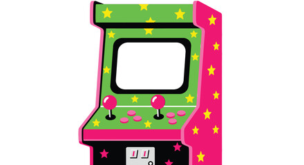 A vibrant retro arcade cabinet illustration with a blank screen and colorful decorations © grvect02