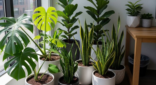 Green indoor potted plants by bright window