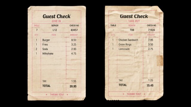 Two vintage guest check receipts on black background