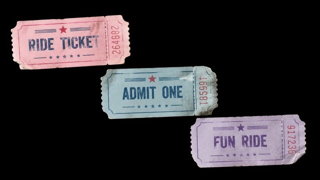 Three colorful vintage admission tickets on black background