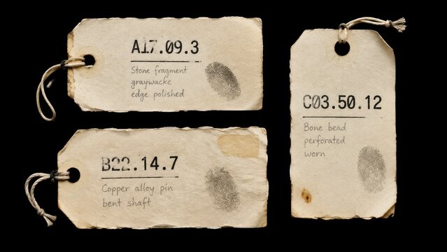 Three aged museum artifact labels with string on black background