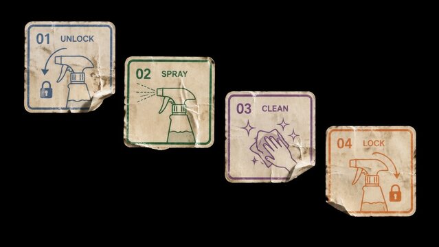 Worn cleaning instruction labels with spray bottle icons on black