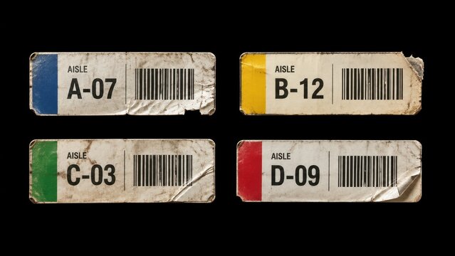 Worn aisle barcode labels isolated on black background