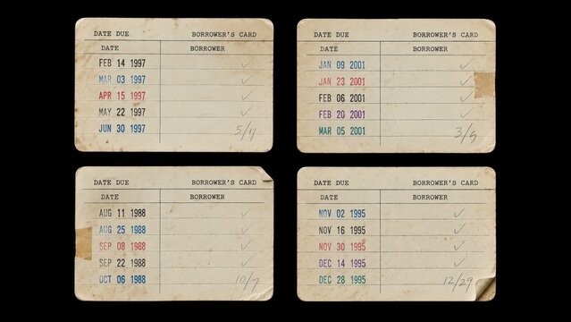 Four vintage library borrower cards isolated on black background