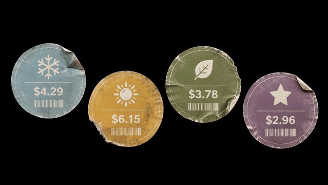 Worn round price stickers with icons isolated on black