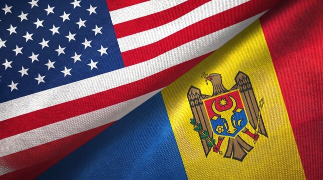 United States and Moldova two flags textile cloth, fabric texture