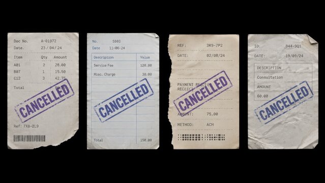Four crumpled paper receipts with cancelled stamp on black