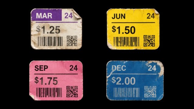 Four worn dated price labels with barcodes on black background
