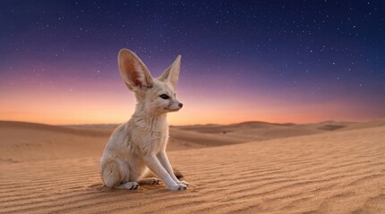 Fototapeta premium Small fennec fox sitting on sand dunes under a starry night sky with wildlife, nocturnal