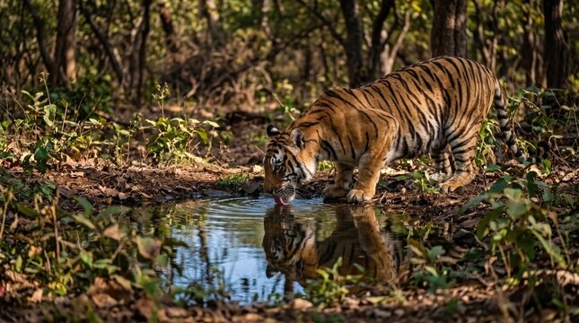 Wild tiger drinking water from a pond in the tropical forest jungle habitat with wildlife