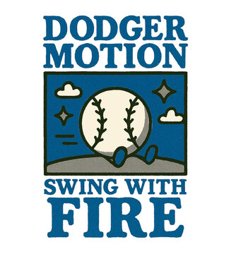 Experience the exhilarating spirit of baseball with this playful graphic featuring a baseball character demonstrating a powerful 'Dodger Motion Swing with Fire' against a stylized sky, evoking