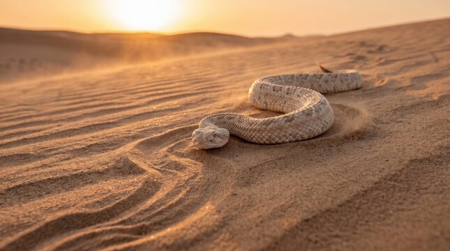 Sidewinder rattlesnake slithering through soft sand in a desert dune with sidewinder