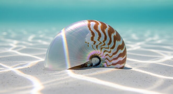 Polished iridescent pearl nautilus shell underwater on ocean sand