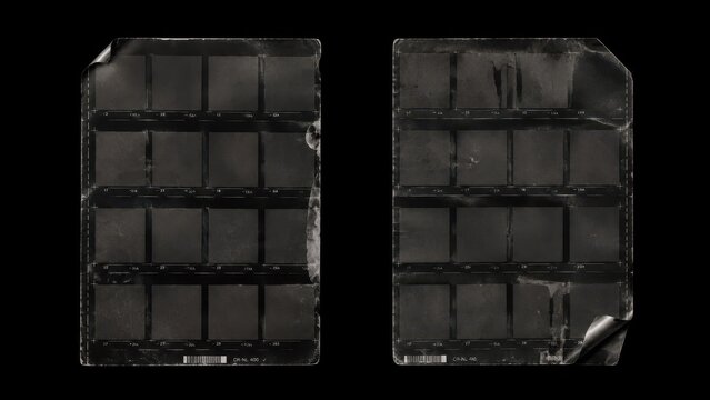 Worn vintage film contact sheet frames isolated on black
