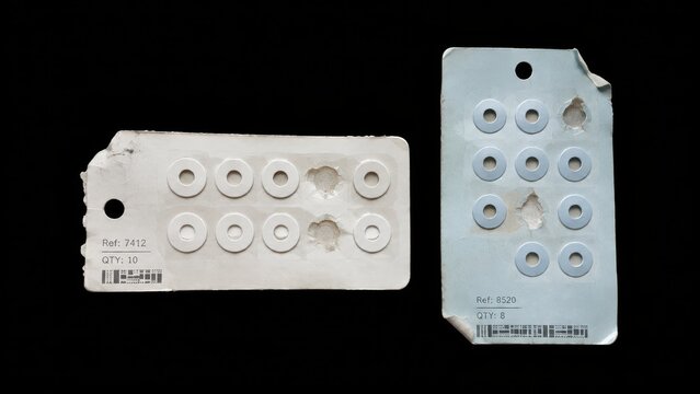 Two worn cardboard packages with circular white pieces on black