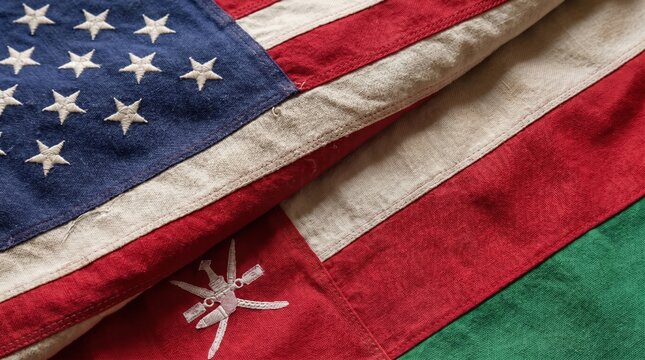 United States and Oman two flags textile cloth, fabric texture